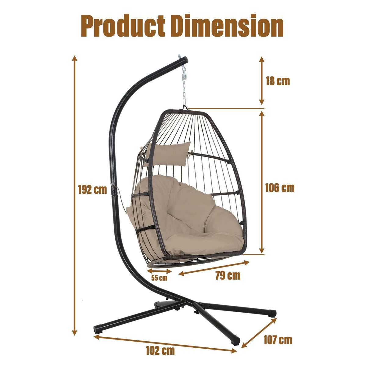 BestOffice Egg Chair Indoor Outdoor with Stand Swing Hanging Rattan Patio Basket Chair with Soft Cloud Polyester Cushion Adjustable Headset for Bedroom Outdoor Garden Swimming Pool Porch, Tan
