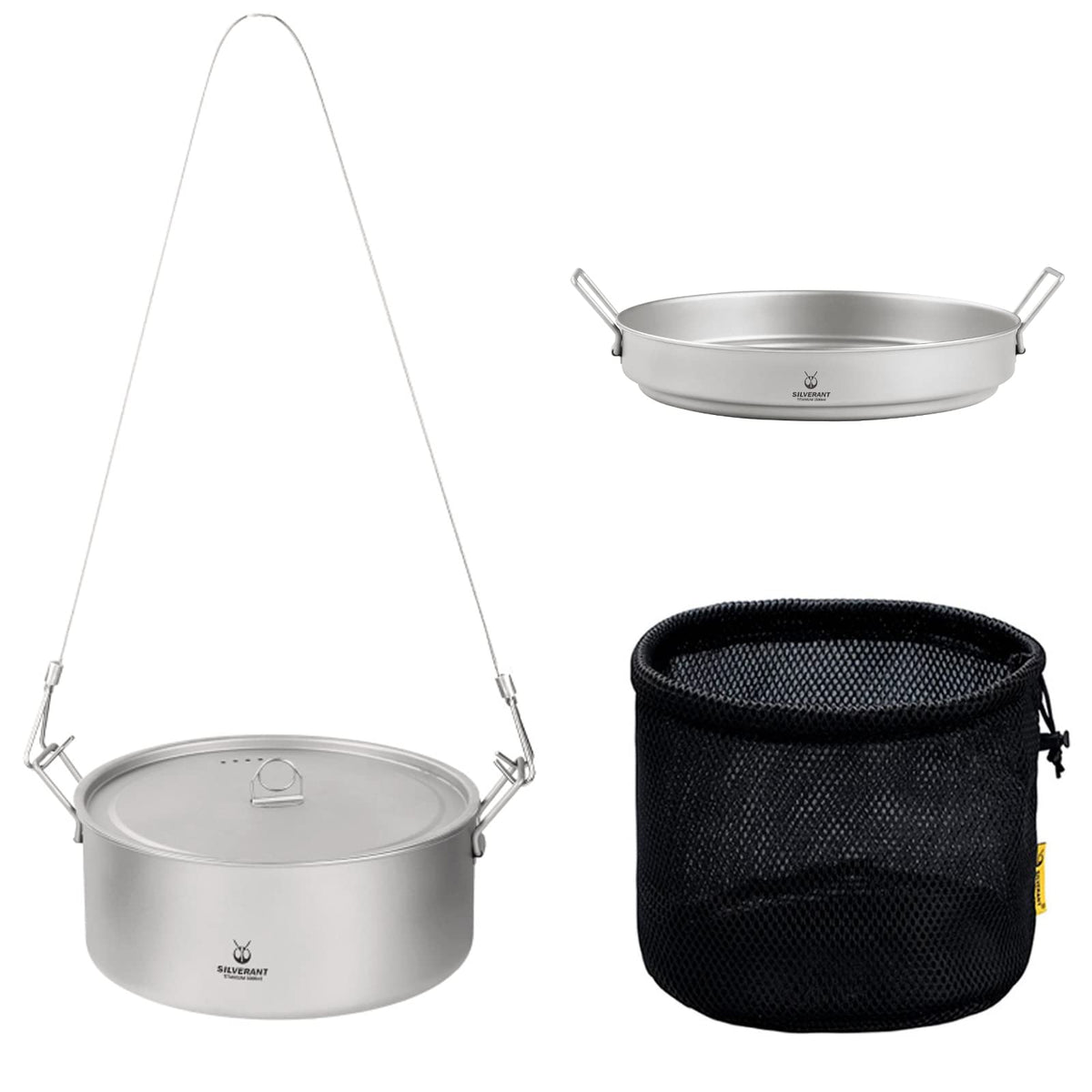 SILVERANT Ultralight Titanium Large 2-piece Pot & Pan Camping Cookware Set, Lightweight Titanium Camping Pot Mug with Hanger/Retractable Handles and Mesh Drawstring Bag