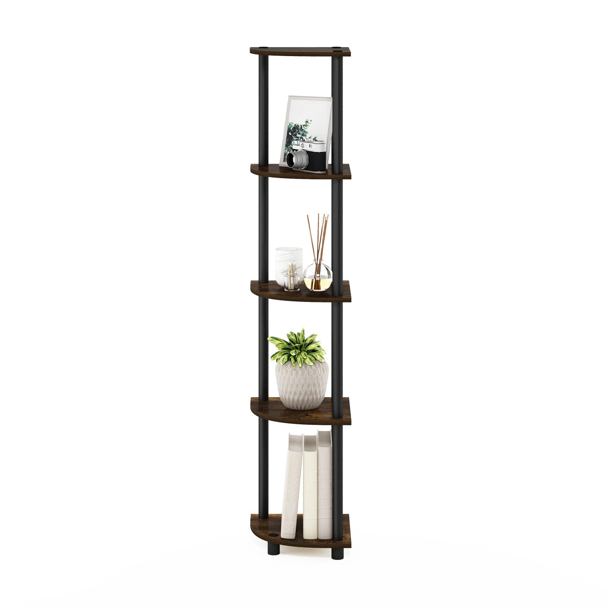Furinno TURN-N-TUBE Corner Shelf, 5-Tier Corner Bookshelf, Open Storage Shelves, for Organization and Storage, Living Room, Home Office, Garage, Bedroom, Amber Pine