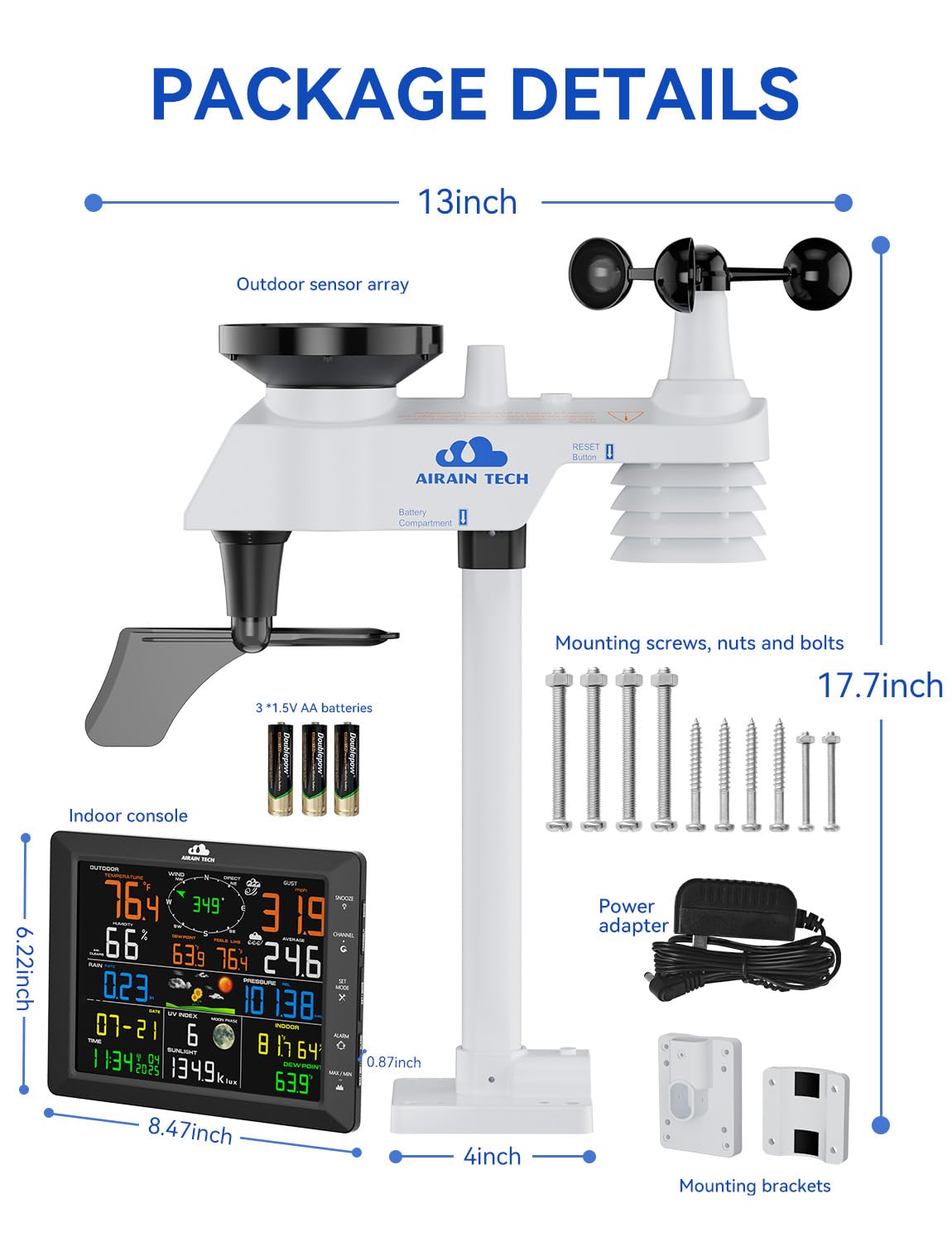 AIRAIN TECH 14-in-1 Wireless Weather Station with Dual Display, Outdoor Sensor, Atomic Clock, Rain Gauge,Wind Speed, Indoor Temp/Humidity, Barometric Pressure,etc (No WiFi)