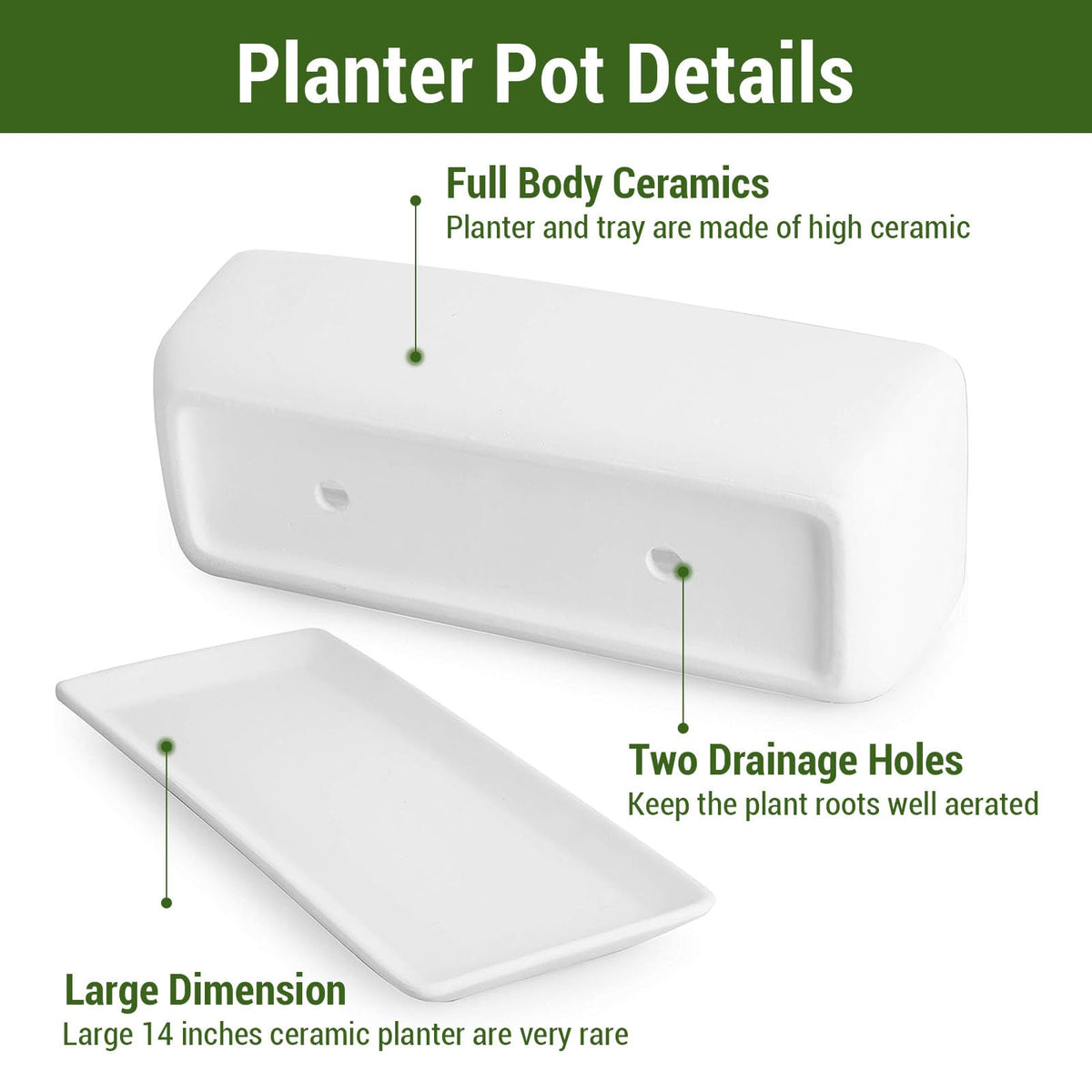 MyGift 14 Inch Ceramic Indoor Plant Pot with Drainage Hole, Rectangular Succulent Planter Window Box with Removable Saucer, Unglazed White