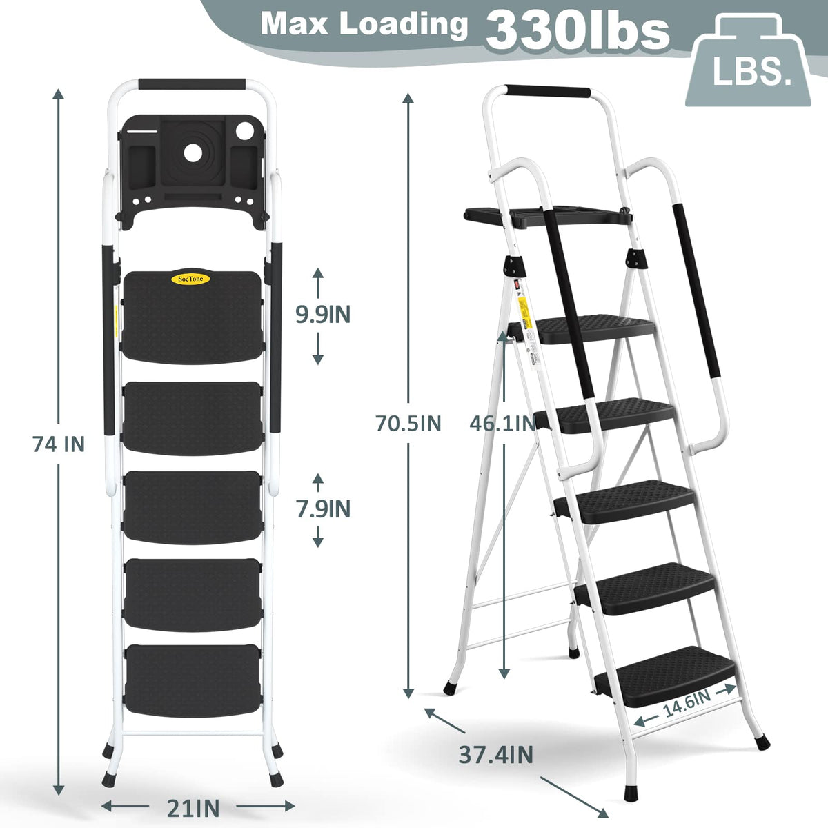 SocTone 5 Step Ladder with Handrails, Folding Step Stool with Tool Platform, Sturdy& Portable Steel Ladder for Adults, 330LBS Capacity Ladder for Home Kitchen Library Office, White