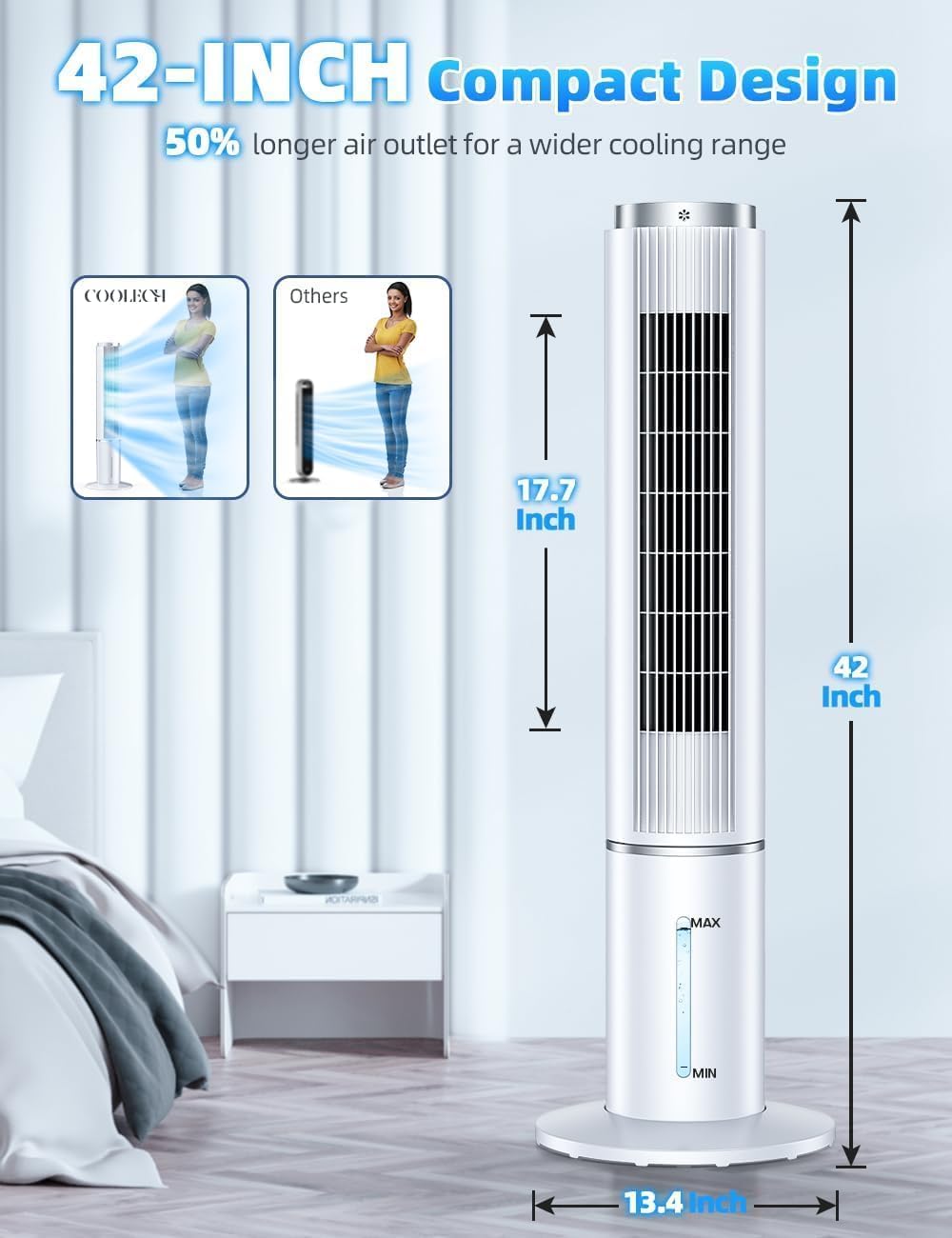 COOLECH 42 INCH Portable Swamp Cooler Air Conditioner w/4 Modes & 3 Speeds, 1-Gal Tank for 15H Cooling Evaporative Air Cooler, 12H Timer, Remote, 90ยฐ Oscillating Windowless Air Conditioner for Bedroom