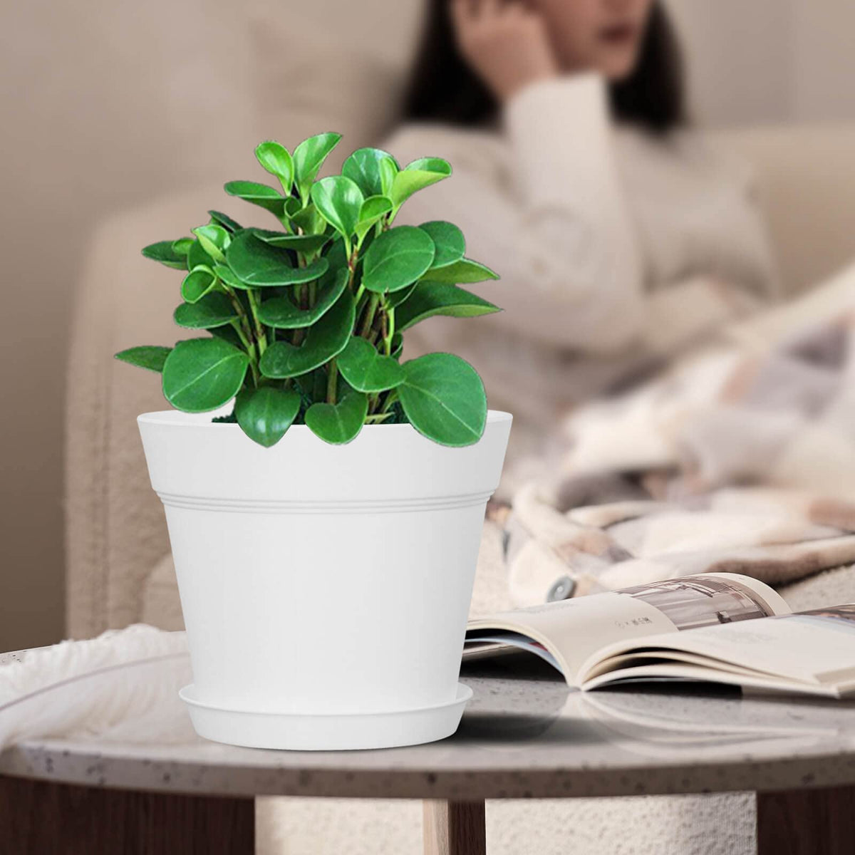 WOUSIWER 16 Pack 6 inch Plastic Planters for Indoor Flower Pots, Heavy Duty and Stylish 6 Inch Plant Pots for Indoor Plants with Drainage Holes and Tray for Plants, Flowers, White