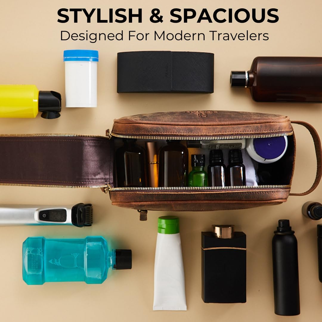 King Size Premium Leather Travel Toiletry Bag for Men and Women - Water-Resistant Dopp Kit - Mens Bathroom Bag, Shaving & Cosmetic Organizer - Toiletry Bag, Travel Bag Leather, Unisex Use