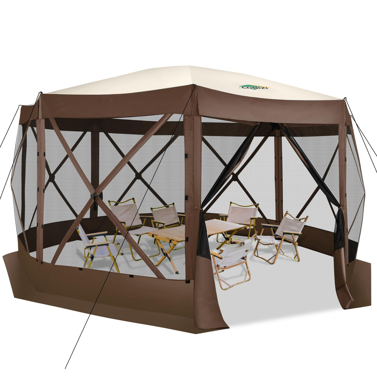COBIZI Pop Up Gazebo Screen Tent Screen House for Camping, 15x15 Screen Room with Mosquito Netting, Hub Tent Instant Screened Canopy with Carrying Bag and Ground Stakes, Brown
