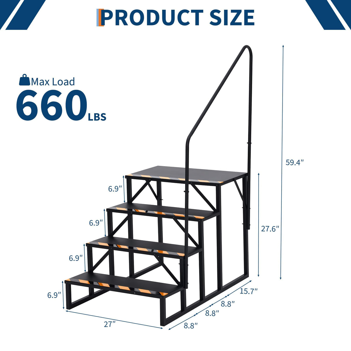 Garvee 4 Step RV Stairs with Handrail & Non-Skid Tapes, Portable Outdoor Step Ladder for 5th Wheel Trailers, Travel Campers, Mobile Homes, Hot Tubs, Porches