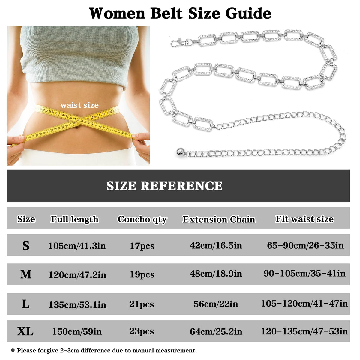 LIMHOO Metal Waist Chain for Women Rhinestone Chain Belt Crystal Waist Belt for Dress (Square-Silver-S)