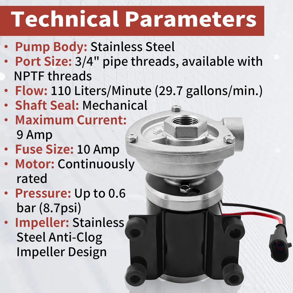 50840-0012 12V 29.7GPM Low Pressure Marine Centrifugal Pump Replacement for 50840-0012 Cyclon Centrifugal Pump 8.7Psi 3/4"NPT Stainless Steel Electric Water Pump for Marine & RV