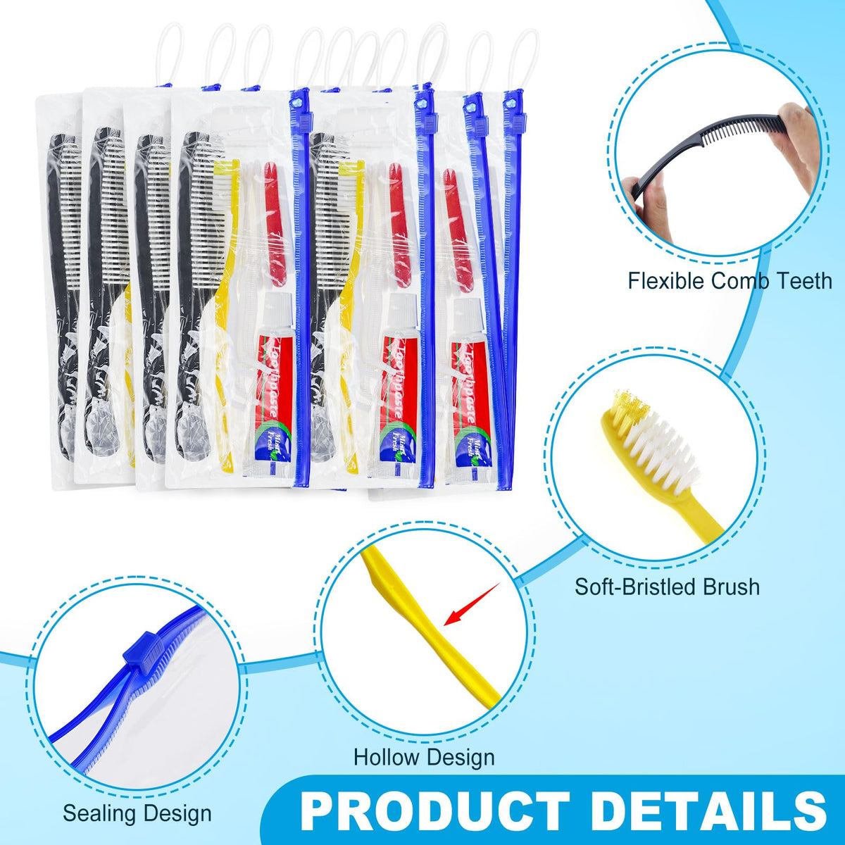 Xuezoioy Personal Hygiene Kit Bulk Pack of 100,Yellow Disposable Toothbrushes with Toothpaste Floss Comb Cover and Hotel Vanity Set Basic Travel Toiletry Kit Supplies for Homeless,Charity,Guests