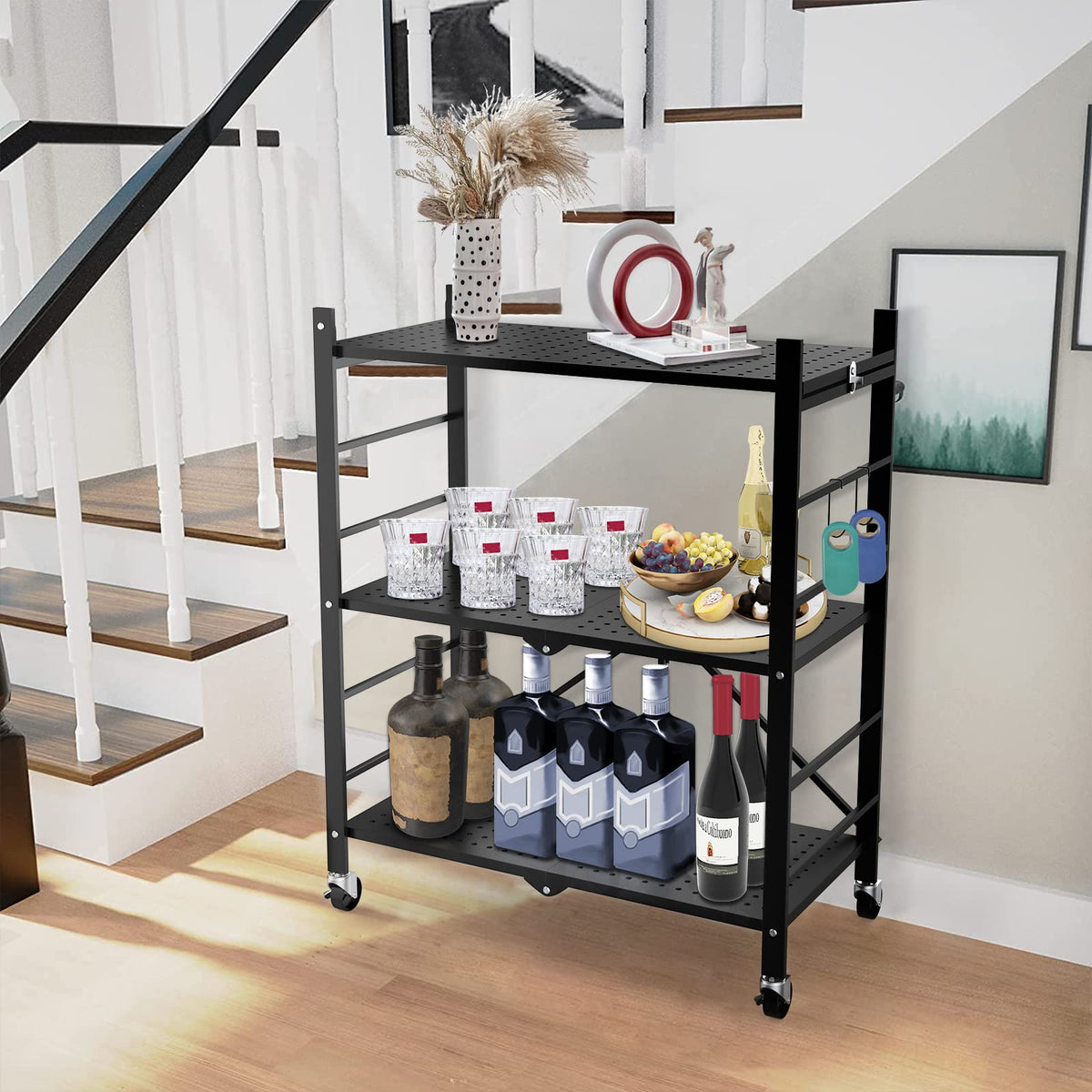 Himix Storage Shelves with Hooks, No Assembly Metal Folding Shelf on Wheels for Kitchen