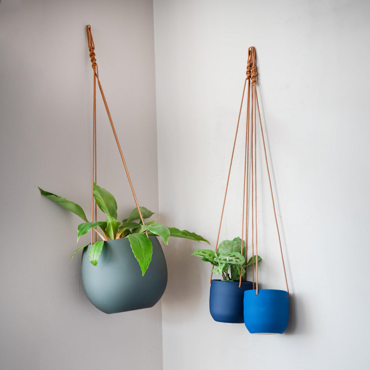 Bloomingville Hanging Stoneware Planter with Leather Rope Hanger, Latex Finish, Black