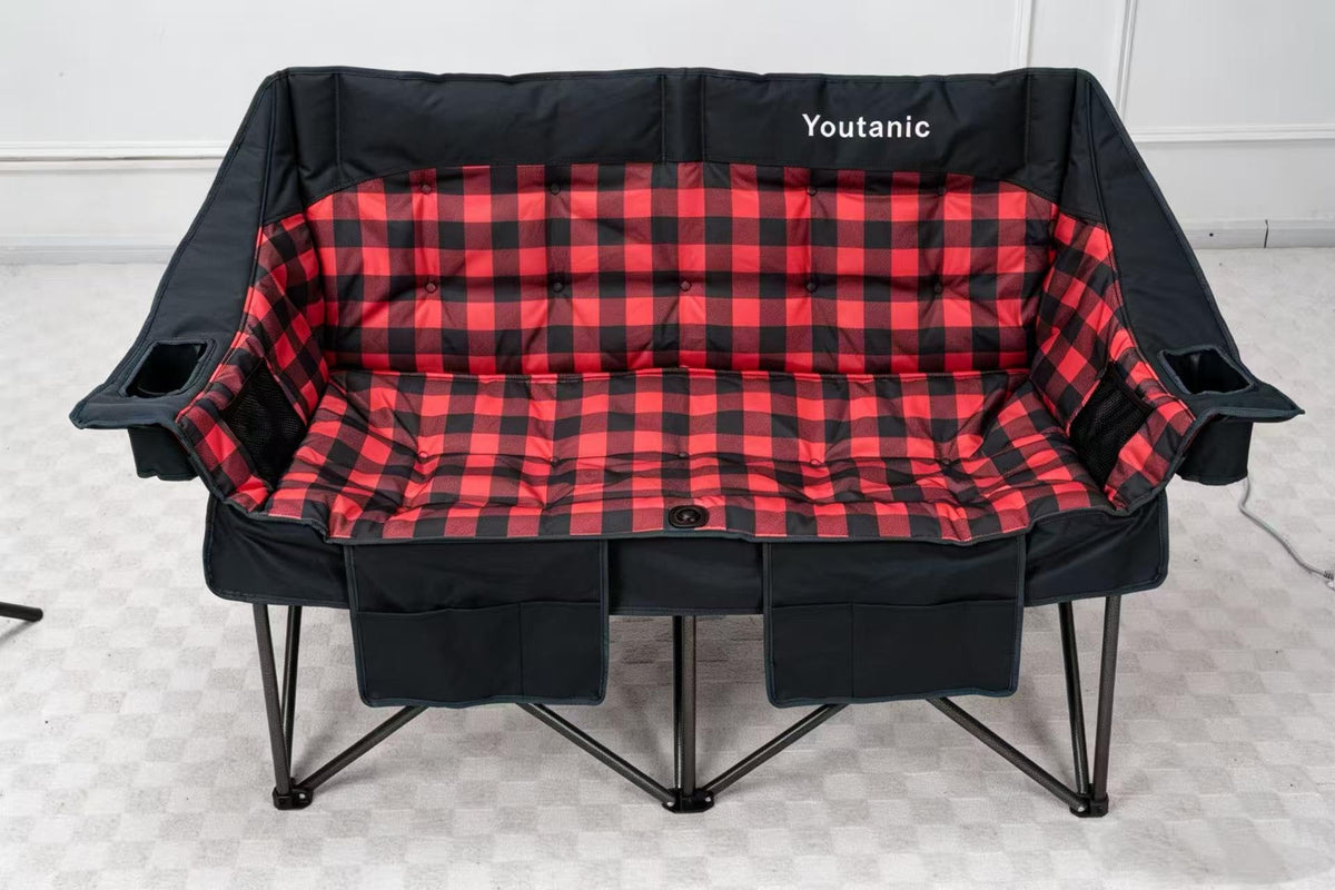 Youtanic 60" Extra Double Camping Chair, 700lbs Heavy Duty Padded Loveseat for Adults, Oversized 2 Person Folding Camp Couch with Dual Cup Holders, Portable Plaid Lawn Chair for Outside, Sports, Red