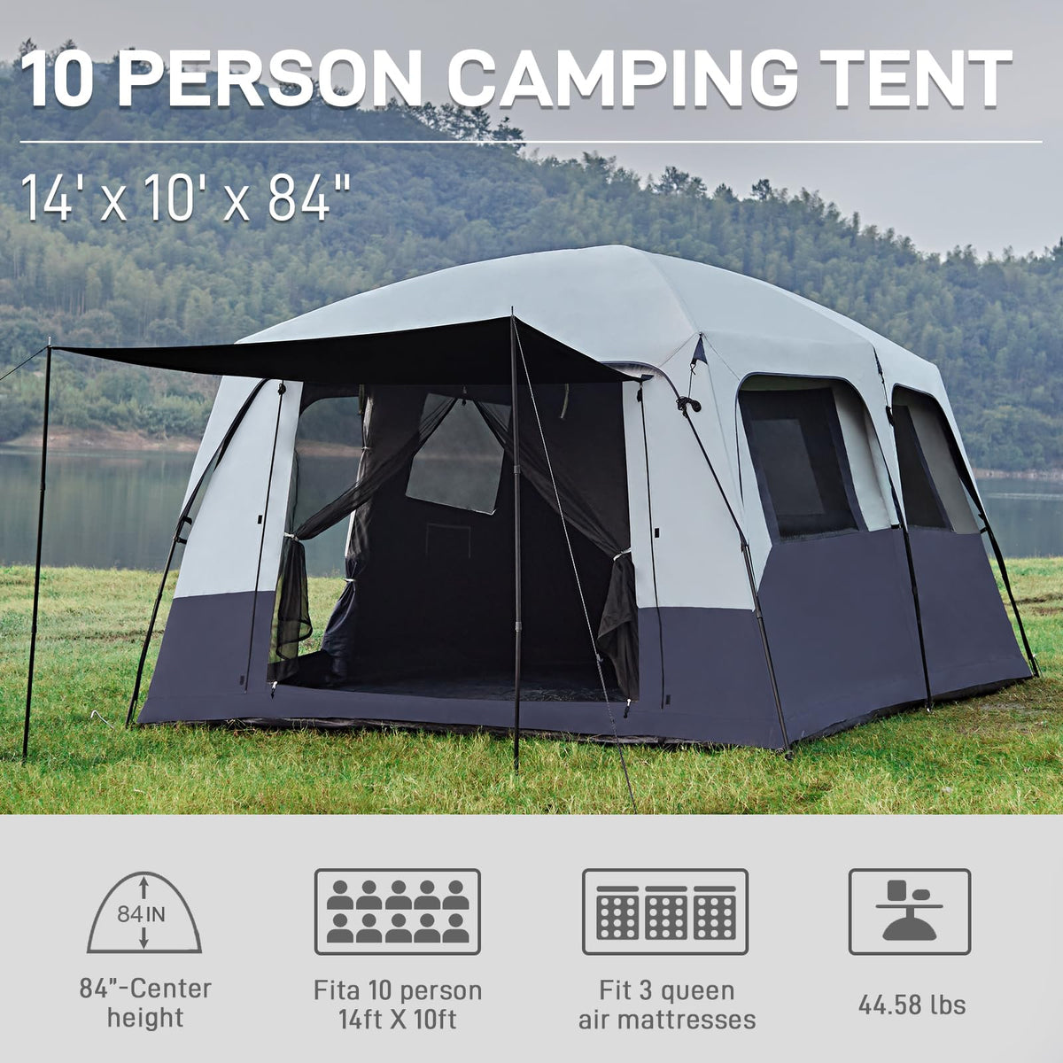 EVER ADVANCED 10 Person Camping Blackout Design Tent, Multi Room Tent for Family, Large Tents with Rainfly and Carry Bag, 2 Doors, Water-Resistant, 14ft x 10ft x 84in