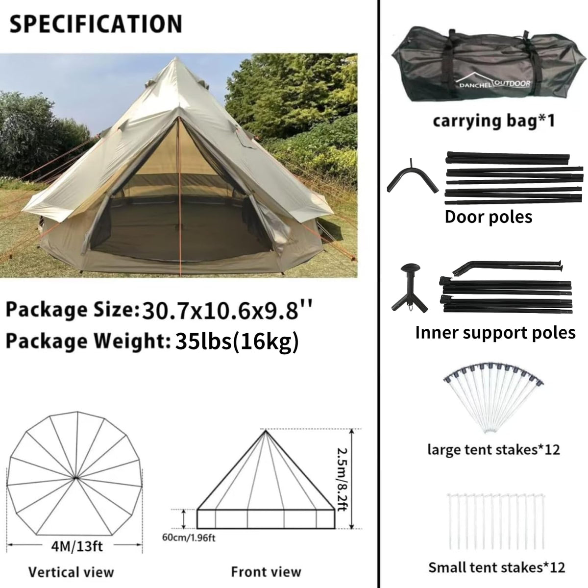 DANCHEL OUTDOOR B2A Portable Bell Tent Yurt No Center Pole with 4 Season Waterproof Rain Fly 4 Person Camping Glamping