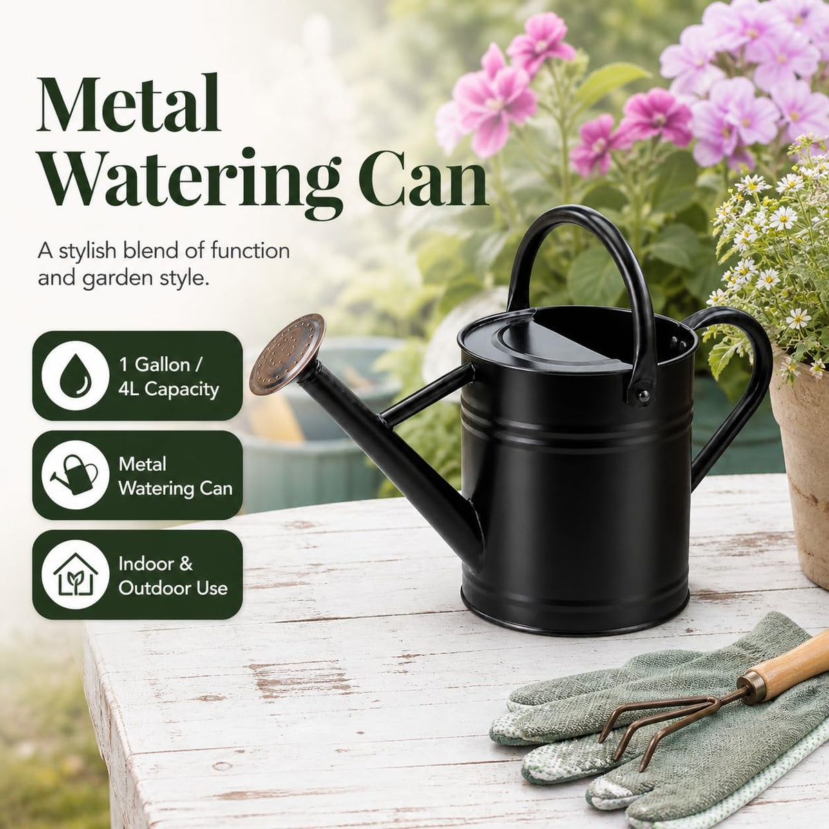1 Gallon Metal Watering Can for Indoor Outdoor Plants, Galvanized Steel Watering Can with Removable Spout, 2 Stainless Steel Handles, Garden Flower Watering Pot