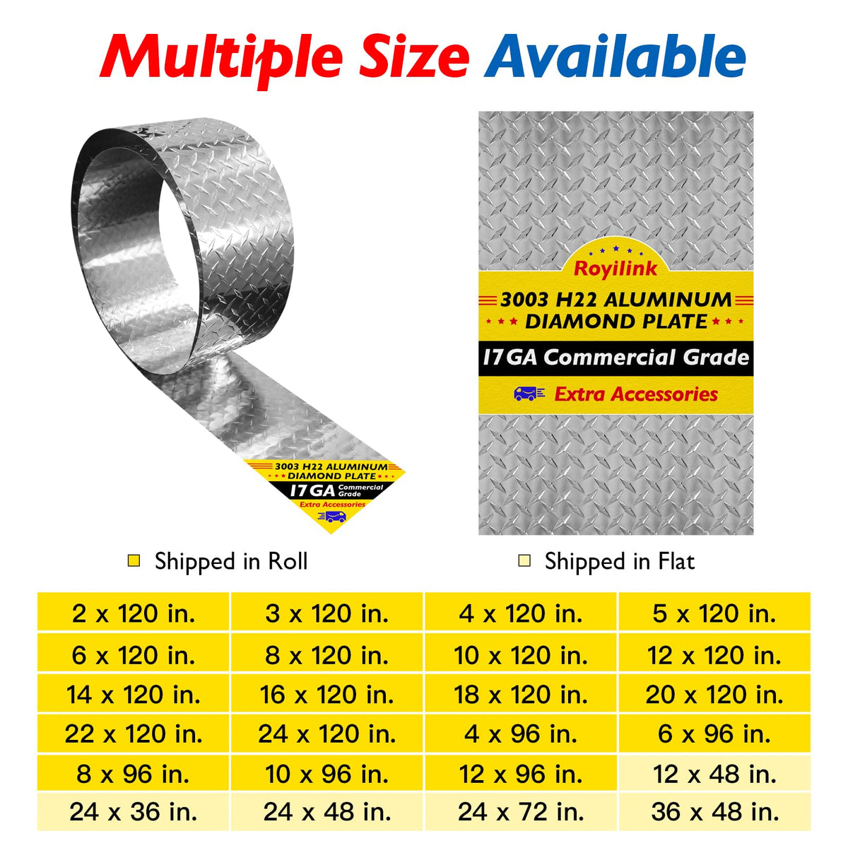 Royilink Aluminum Diamond Plate Sheet Metal – 3003 H22 Corrosion & Rust Resistant – 17 GA 0.045” Thick Commercial Grade – Stone Guard for Cargo Trailer, RV, Camper – 22 in x 120 in.