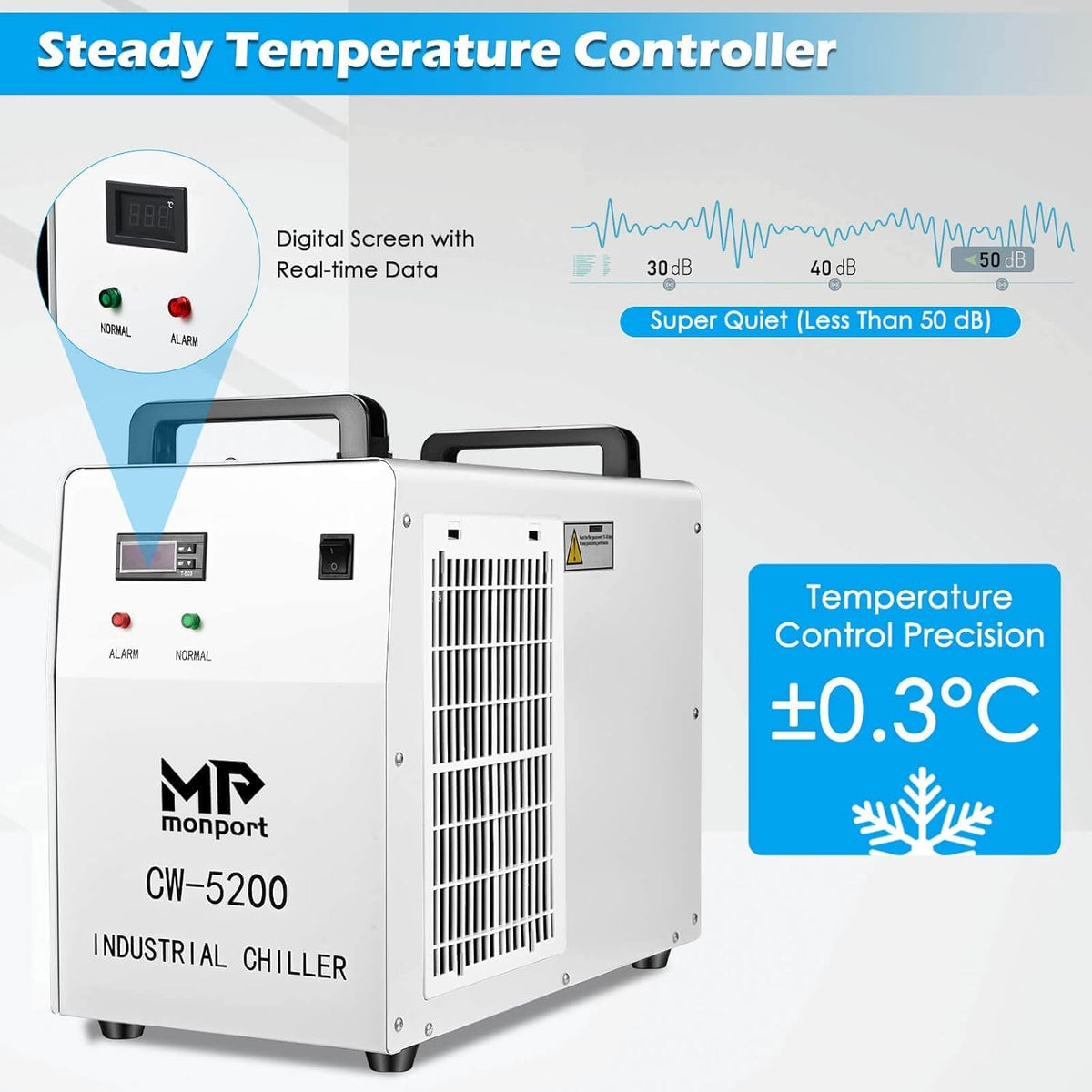 Monport 6L Industrial Water Chiller CW-5200 0.9hp 2.6Gal/min Water Cooling System for 50W-150W CO2 Laser Engraver&Cutter Machine