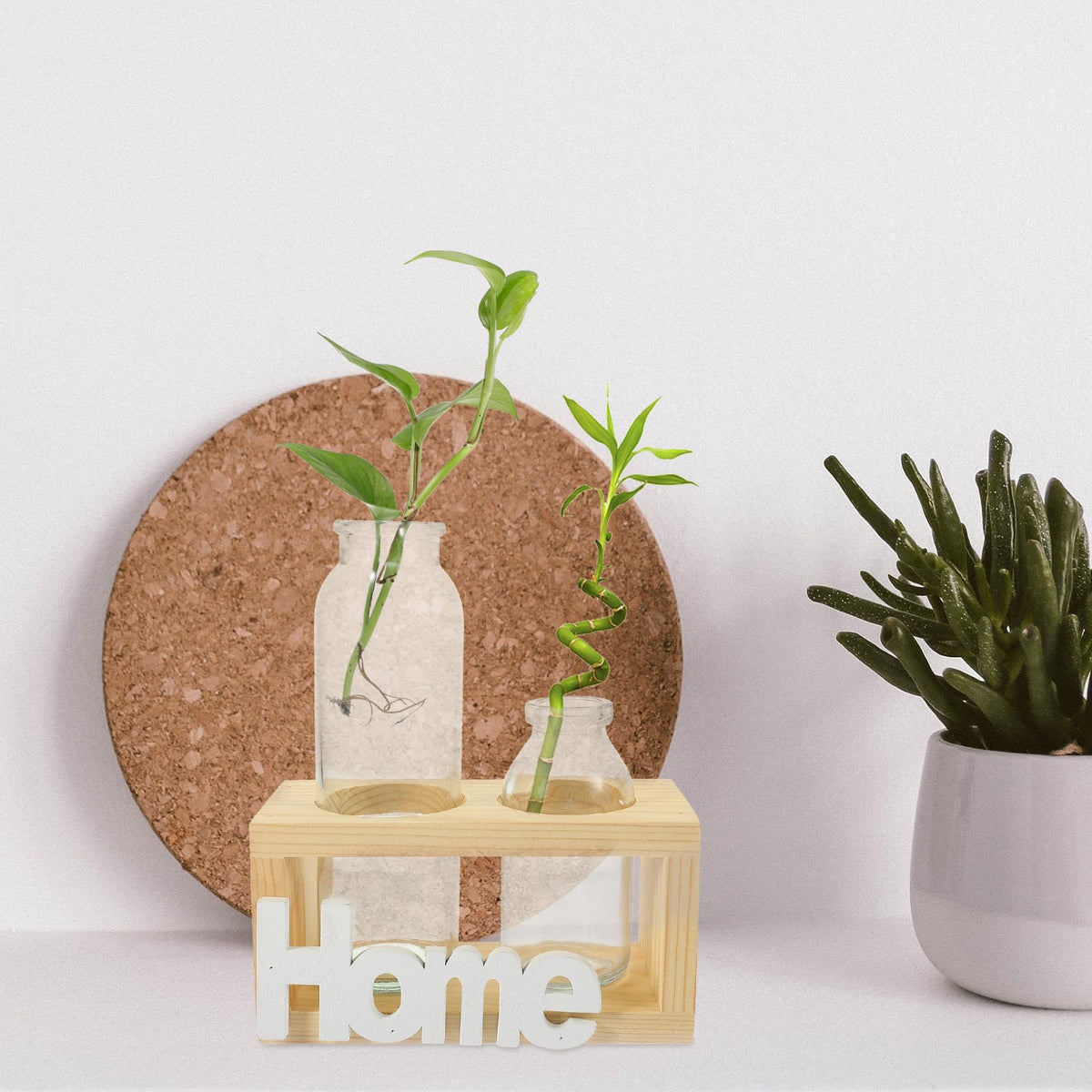Hemobllo Glass Planter Bulb Vase with Wooden Rack, Nordic Style Hydroponic Flower Terrarium for Desktop Home Decor, Air Plant Holder Set of 2
