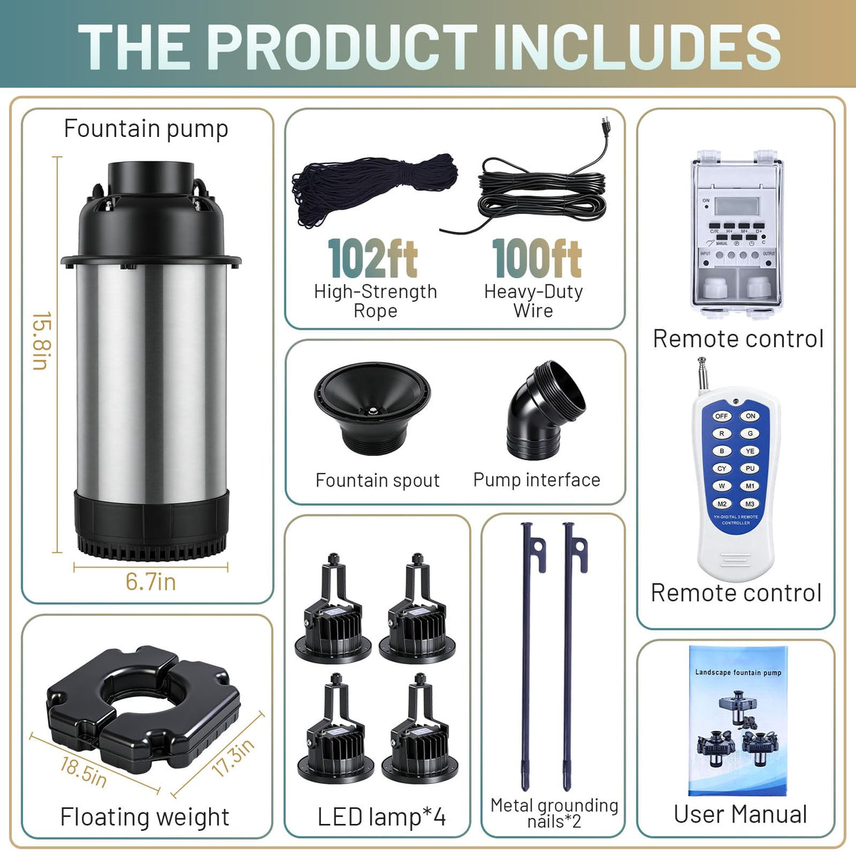 Pond Fountain Aerator with Lights,with 4 RGB Lights,1HP 750W 110V,Stainless Steel Floating Pond Fountain with 100FT Power Cord,Timer,Fixed Nails and Ropes,Pond Fountains for Small Large Ponds,Lakes
