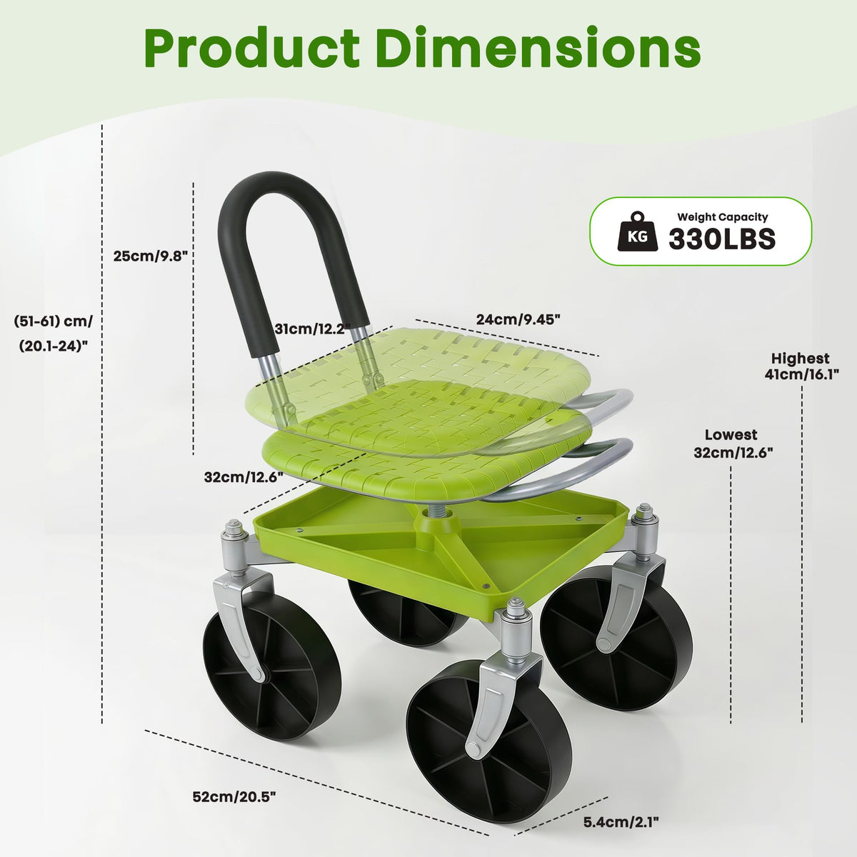 Outdoor Garden Stool with 360° Swivel Caster Wheels, Rolling Garden Cart with 360° Swivel Seat, Height Adjustment, Back Tool Pouch & Under-Seat Tray, Gardening Gifts for Women, Parents, Seniors
