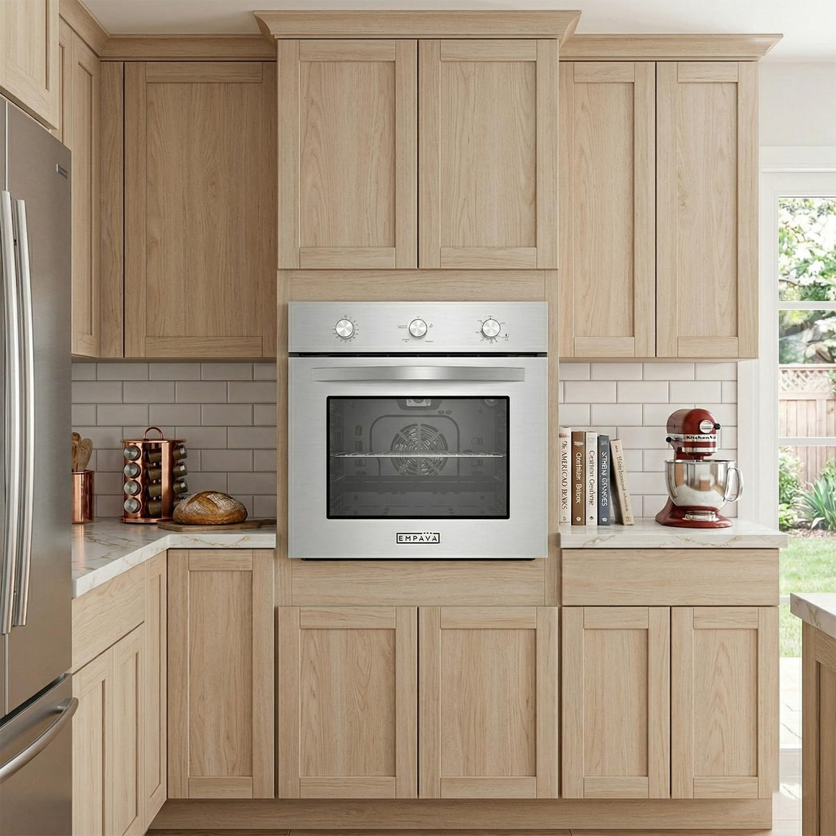 Empava 24 Inch Single Gas Wall Oven for NG - Convection Built-in Oven with 360° Rotisserie, 2.3 Cu. Ft. Capacity, 18-Gauge Stainless Steel, and Mechanical Timer