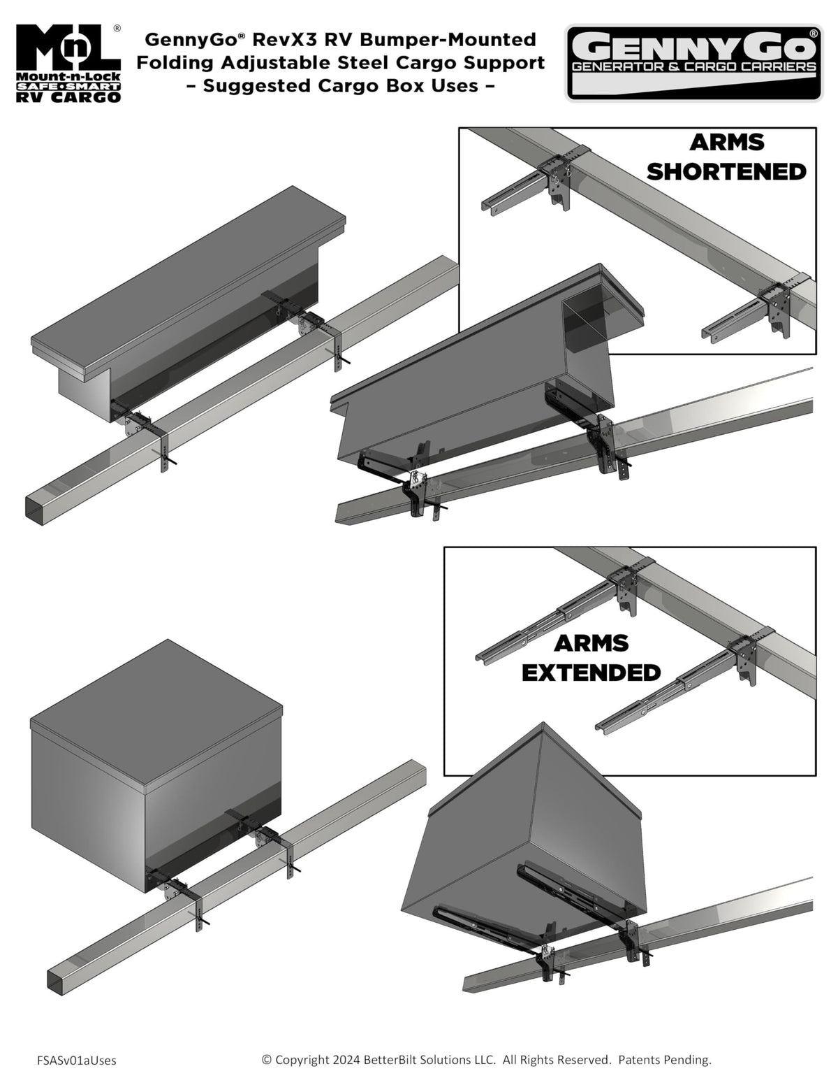 Mount-n-Lock RV Bumper Bundle (2 Items): 1 Set HD SafetyStruts, 1 Pair GennyGo Folding Arms (1SSNHD, 2FSAS)