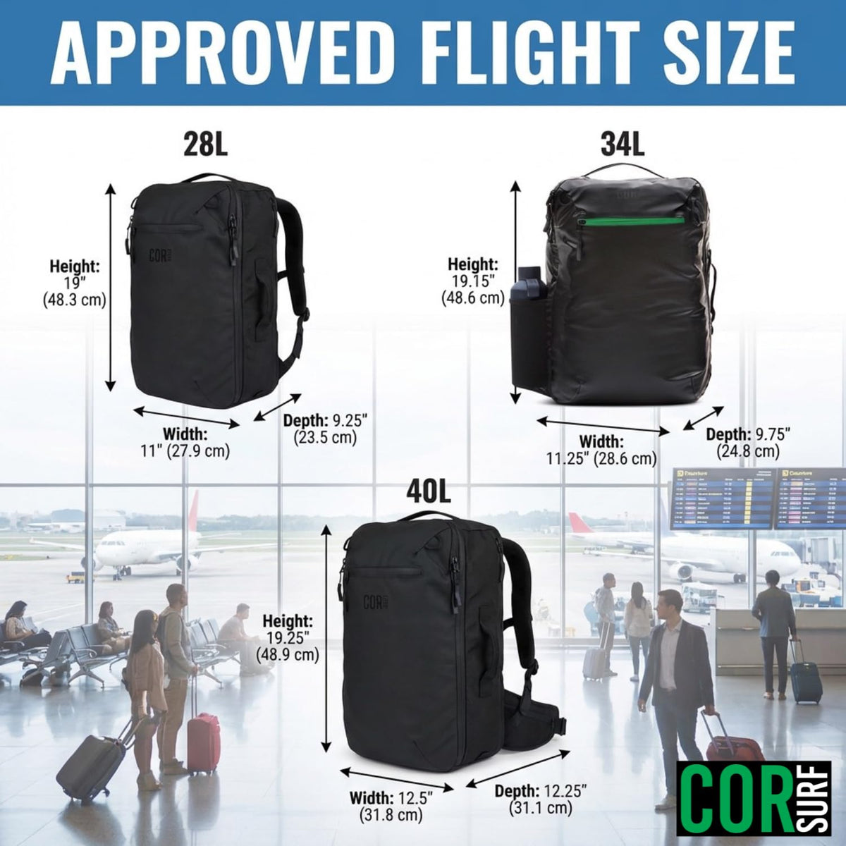 COR Surf Carry On Travel Backpack Bundle | Island Hopper Travel Backpack with Toiletry Bag and Compression Packing Cube Set (40L, Black)