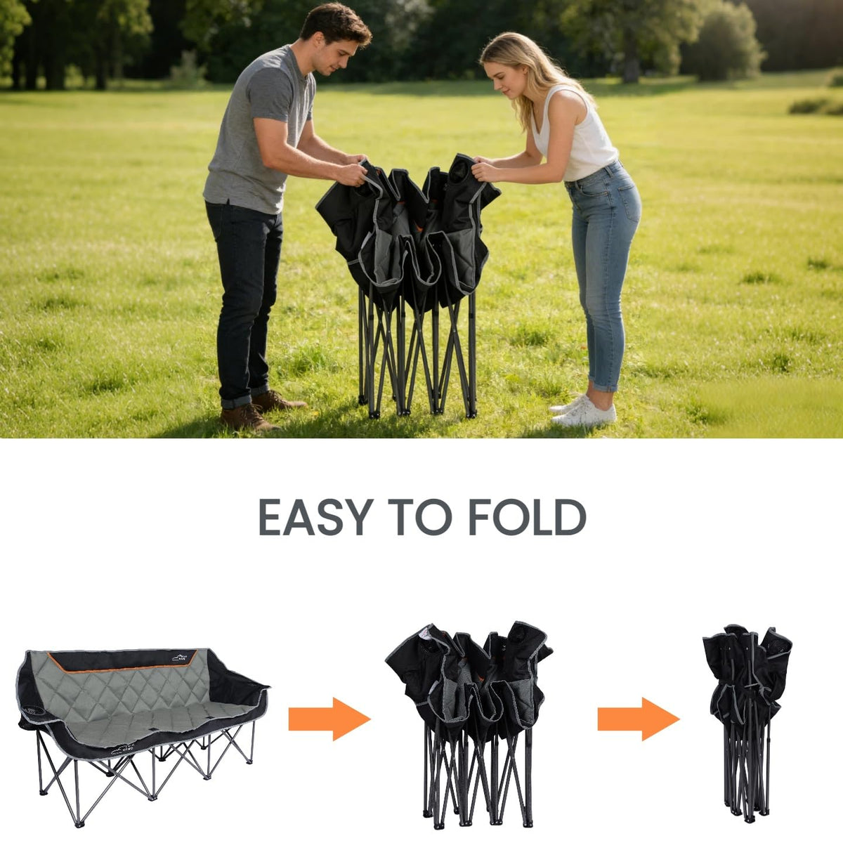 FAIR WIND Oversized 3 Person Camping Chair Padded Triple Loveseat Folding Camping Couch Duo Chair Heavy Duty Quad Fold Arm Chair with Cup Hold - Supports 900 LBS Black