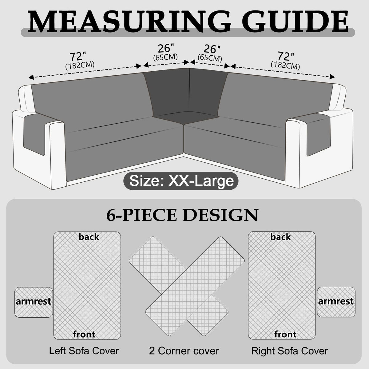 HDCAXKJ Waterproof Sectional Couch Cover L Shaped Sofa Covers Washable Corner Sectional Slipcovers Dog Pet Proof U Shape Furniture Protector with Upgraded Anti Slip Strips (XX-Large, Dark Grey)