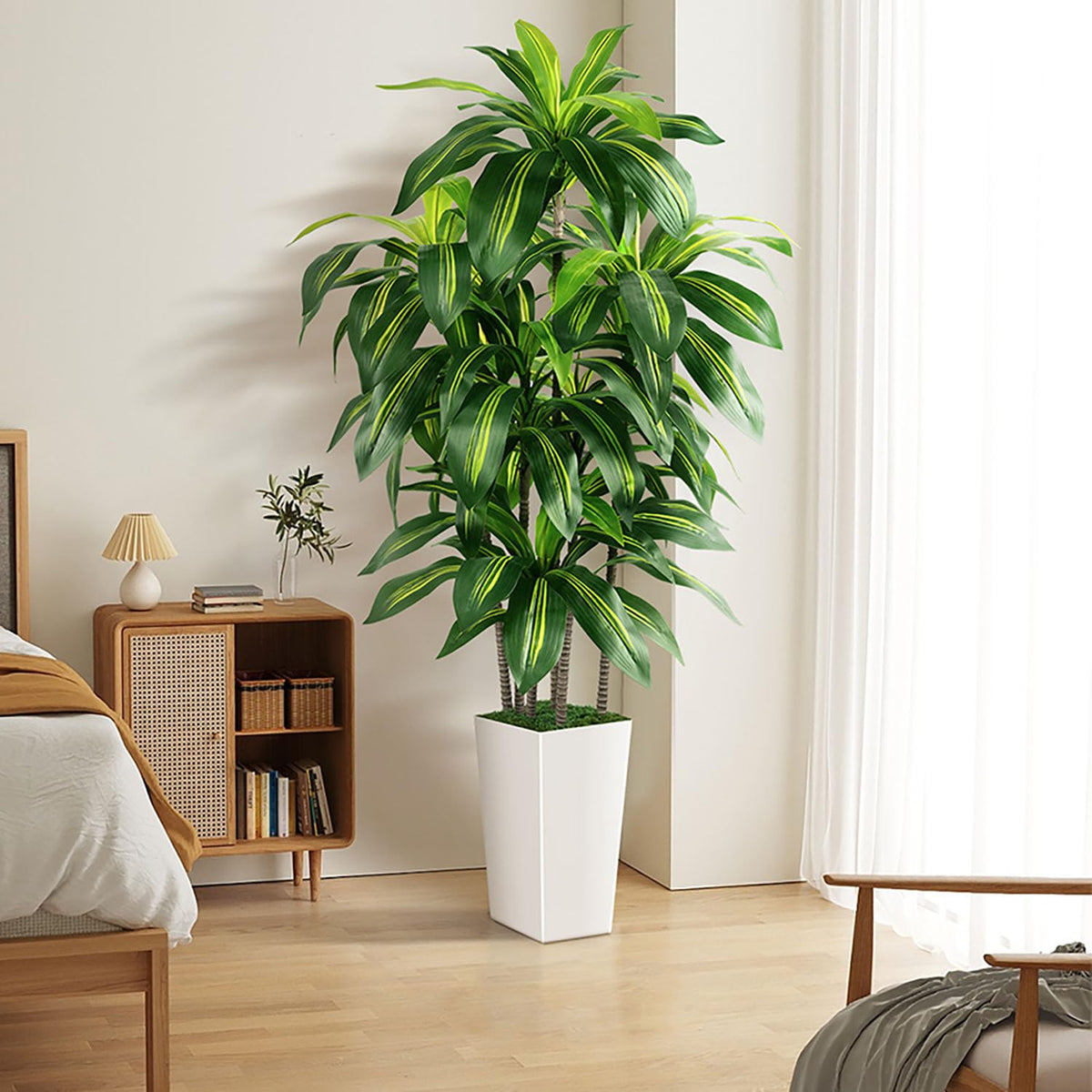 Artificial Dracaena Tree Indoor, 5FT Tall Fake Tree with White Tall Planter, Artificial Tree Fake Yucca Potted Tree for Home Office Living Room Decor, Tall Artificial Plant for Housewarming