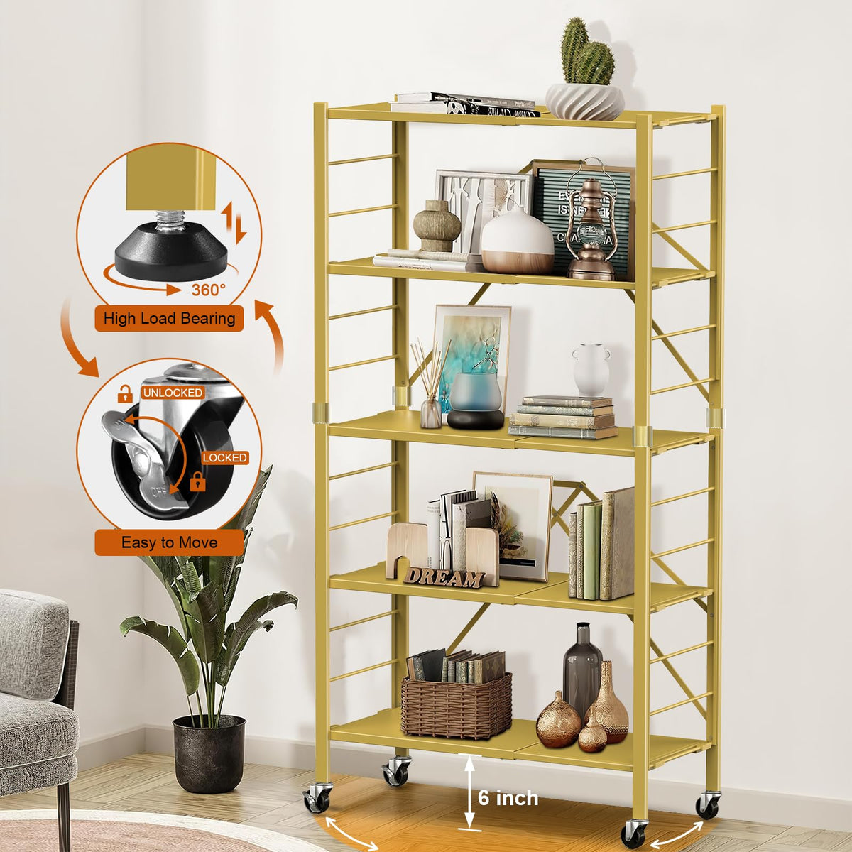 5 Tier Foldable Storage Shelves, Expandable Folding Shelving Units with Wheels, Changeable into 2 Shelf Units, Collapsible Adjustable Storage Rack Metal Shelves for Storage, Pantry, Garage, Gold