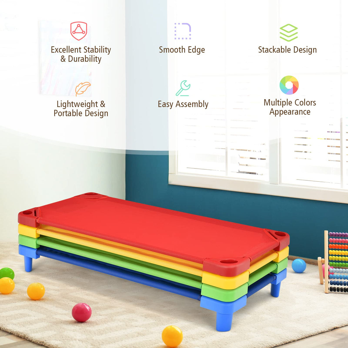 KOTEK Toddler Naptime Cot, Stackable Daycare Sleeping Cot for Kids, 51" L x 23" W, Ready-to-Assemble, Space-Saving Kids Nap Cots for Children Classroom Preschool (Set of 4, Multicolor)