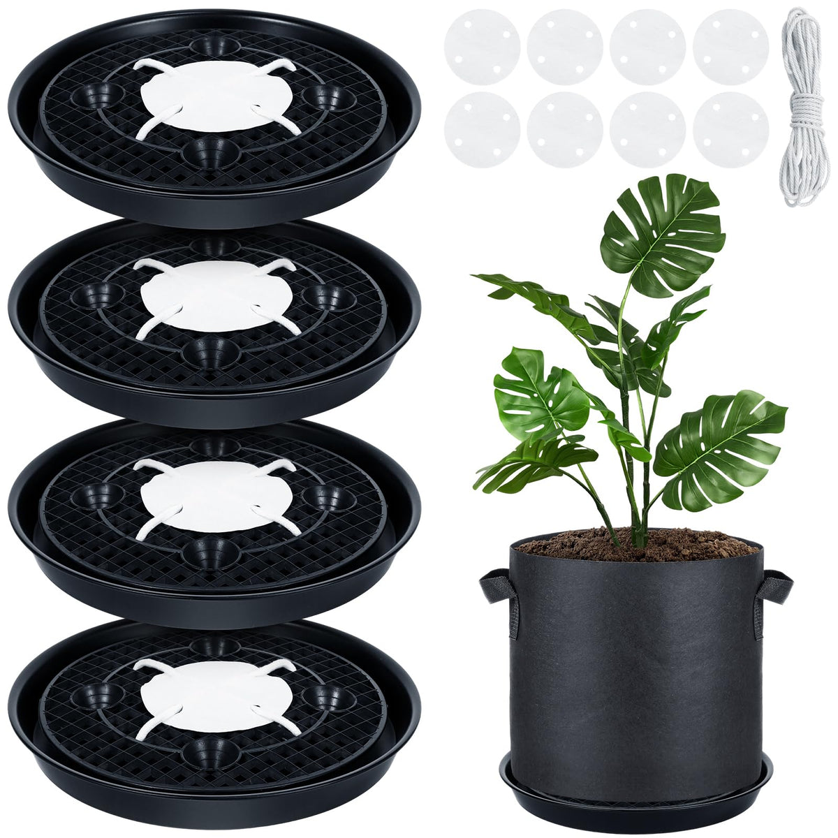 POILKMNI 4 Pack 14 Inch Self-Watering Fabric Pot Base, Auto Irrigation Plant Saucer Tray for 5 Gallon Grow Bags, Elevated Plant Stand with Wick System for Indoor Outdoor Garden Greenhouse Grow Tent