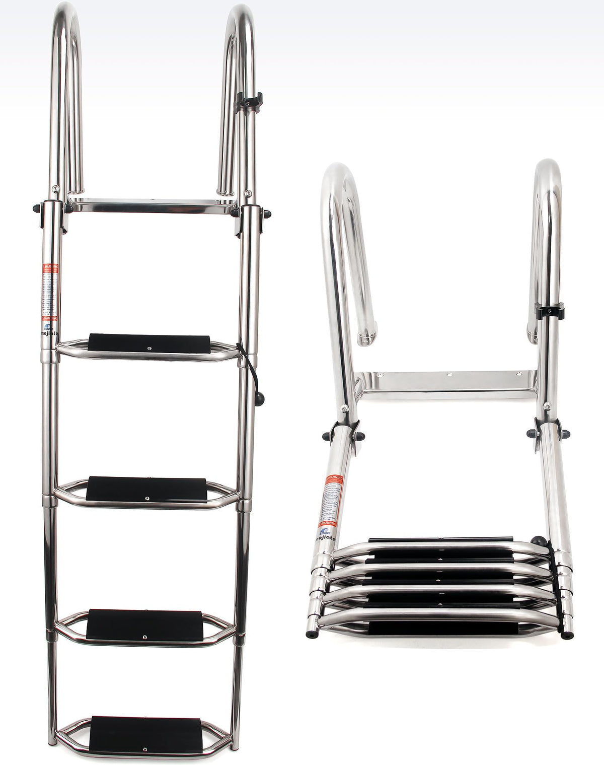 Mojiate 4-Step Heavy-Duty Stainless Steel Pontoon Boat Ladder with Extra Wide Steps & Handrails | Telescoping Folding Rear Entry Ladder, 600lbs Capacity, Marine-Grade 316 Stainless Steel