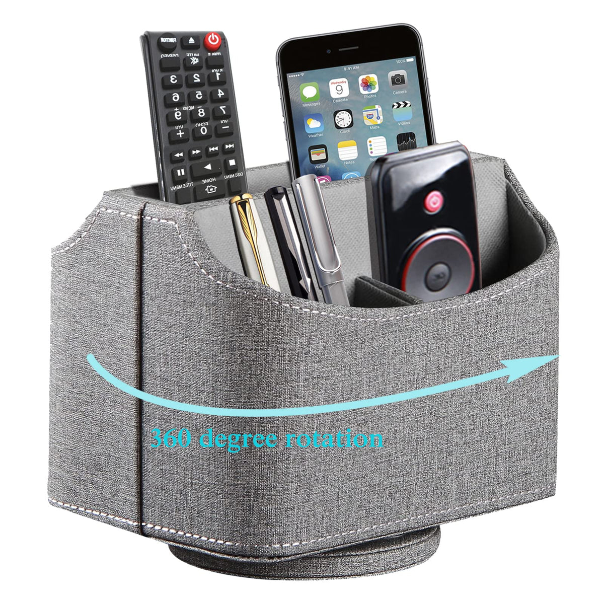 RHCSZ Leather Remote Control Holder 360 Degree Spinning, Desk Organizer for TV Remote Controllers, Caddy,Pen,Calculator,Media Player Storage box (Grey)