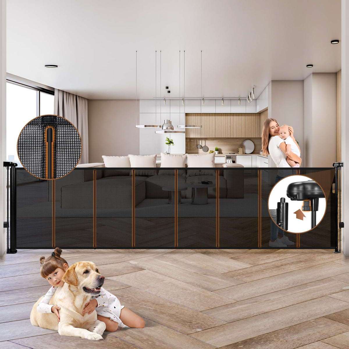 236" Retractable Baby Gate Extra Wide, 41" Tall Retractable Dog Gate for Stairs, Doorways, Decks, Mesh Gate Long Child Gate Pet Gate for Indoor, Outdoor, with Reinforced Mesh Rods, Dual Locks