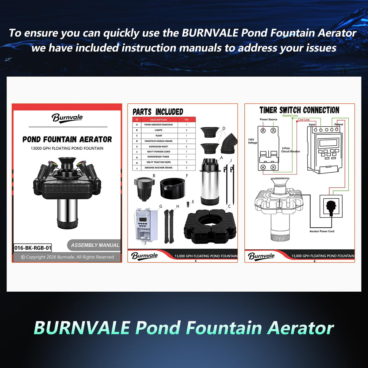 Burnvale Pond Fountain Aerator, 1HP 110V 750W Floating Pond Fountain, With4 RGB Lights,100 FT Power Cord,Waterproof Timer,2x100 FT Traction Rope,Floating Water Fountains for Ponds