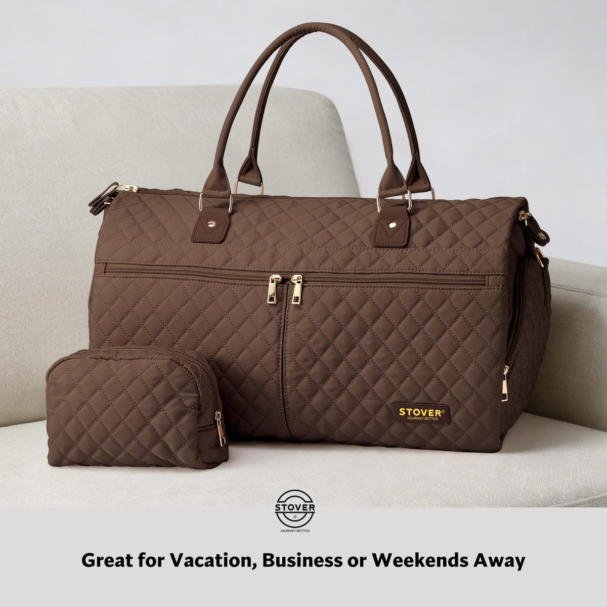 STOVER Women’s Convertible Garment Duffel Bag for Travel – 2-in-1 Carry-On Weekender/Overnight Tote - Wrinkle-Free Dresses, Suits & Clothes + Shoe Compartment & Bonus Toiletry Bag (Mocha Brown)