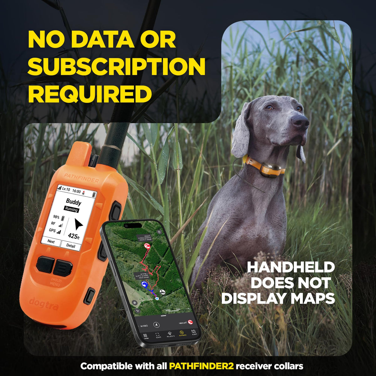 Dogtra PATHFINDER2 Compass Handheld Only - Live GPS Dog Tracking & Training E-Collar Remote (Requires Receiver), Built-in 2" LCD, No Subscription Required, 4 or 9-Mile Range, Expandable to 21 Dogs