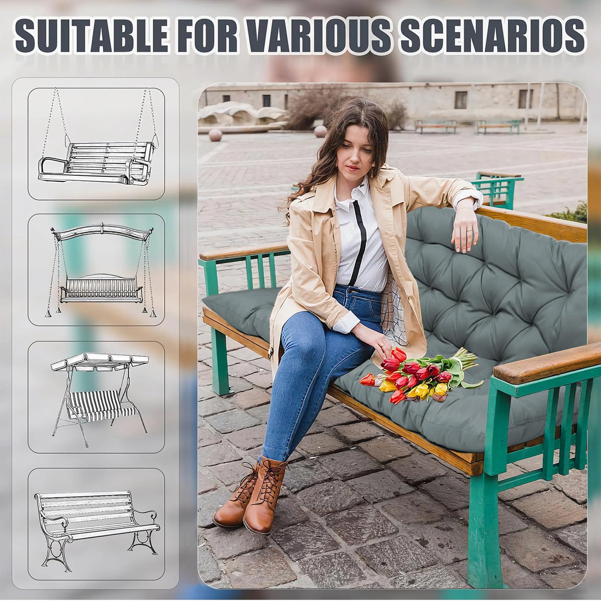 Outdoor Swing Cushions, 63inch Waterproof Three Seat Swing Replacement Cushions with Backrest and Ties, 4" Thicken Outdoor Porch Swing Cushions for Patio, Lawn and Garden (Light Gray, 40×63in)