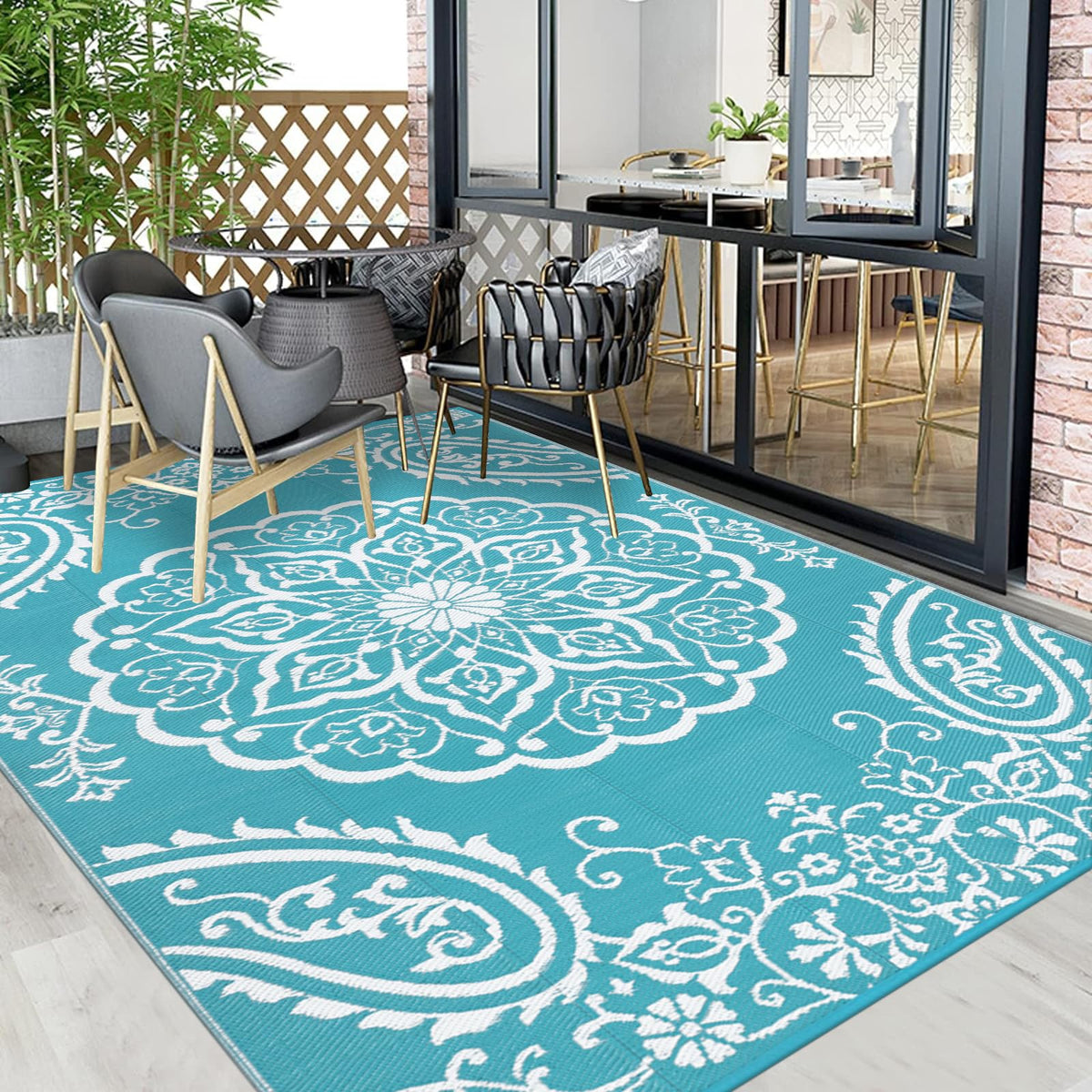 Pauwer Waterproof Outdoor Rug 10x14, Reversible Plastic Straw Patio Camping Rug, Indoor Outdoor RV Mat Carpet for Deck, Camper, Porch, Balcony, Backyard, Picnic, Boho Teal
