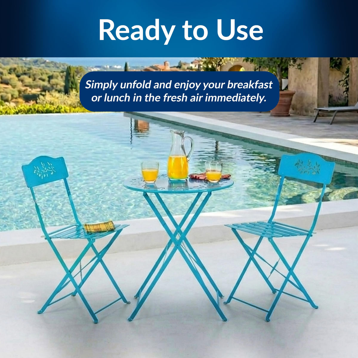 Alpine Corporation 3-Piece Bistro Set with Folding Table and 2 Chairs, Durable Steel Indoor/Outdoor Patio Furniture, Compact Seating, Blue