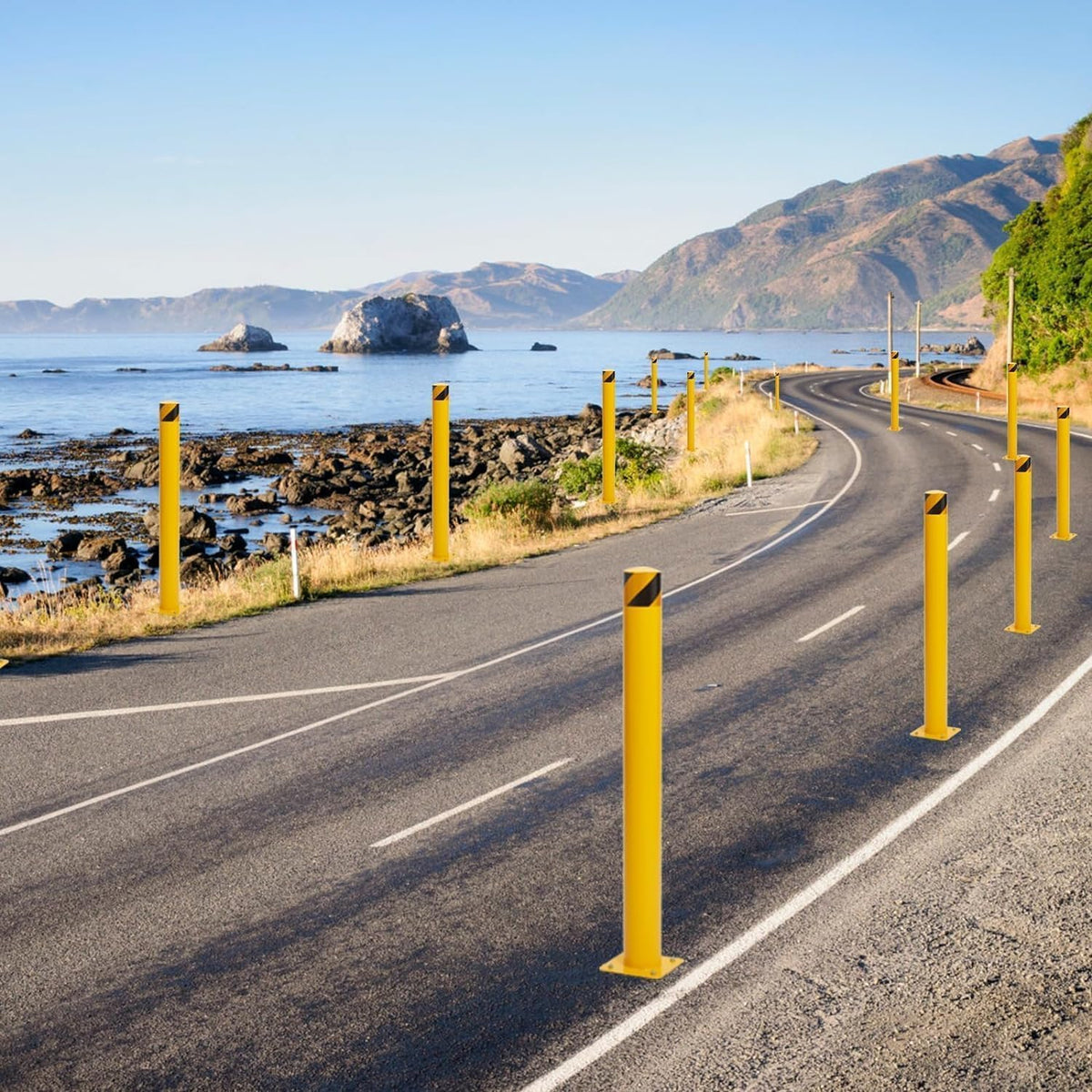 Safety Bollard Post 6 Packs, PeakPursuit 42 Inch Height Steel Bollards, 4.5 Inch Diameter Parking Bollard, Yellow Powder Coated Safety Parking Barrier Post, for Traffic Sensitive Areas