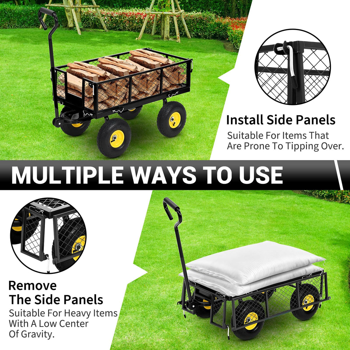 Steel Garden Cart 500 LBS with 10" Tires, Heavy Duty Garden Wagon Cart with 180° Rotating Handle and Removable Sides, Metal Wagon for Farm, Yard, Lawn, Black