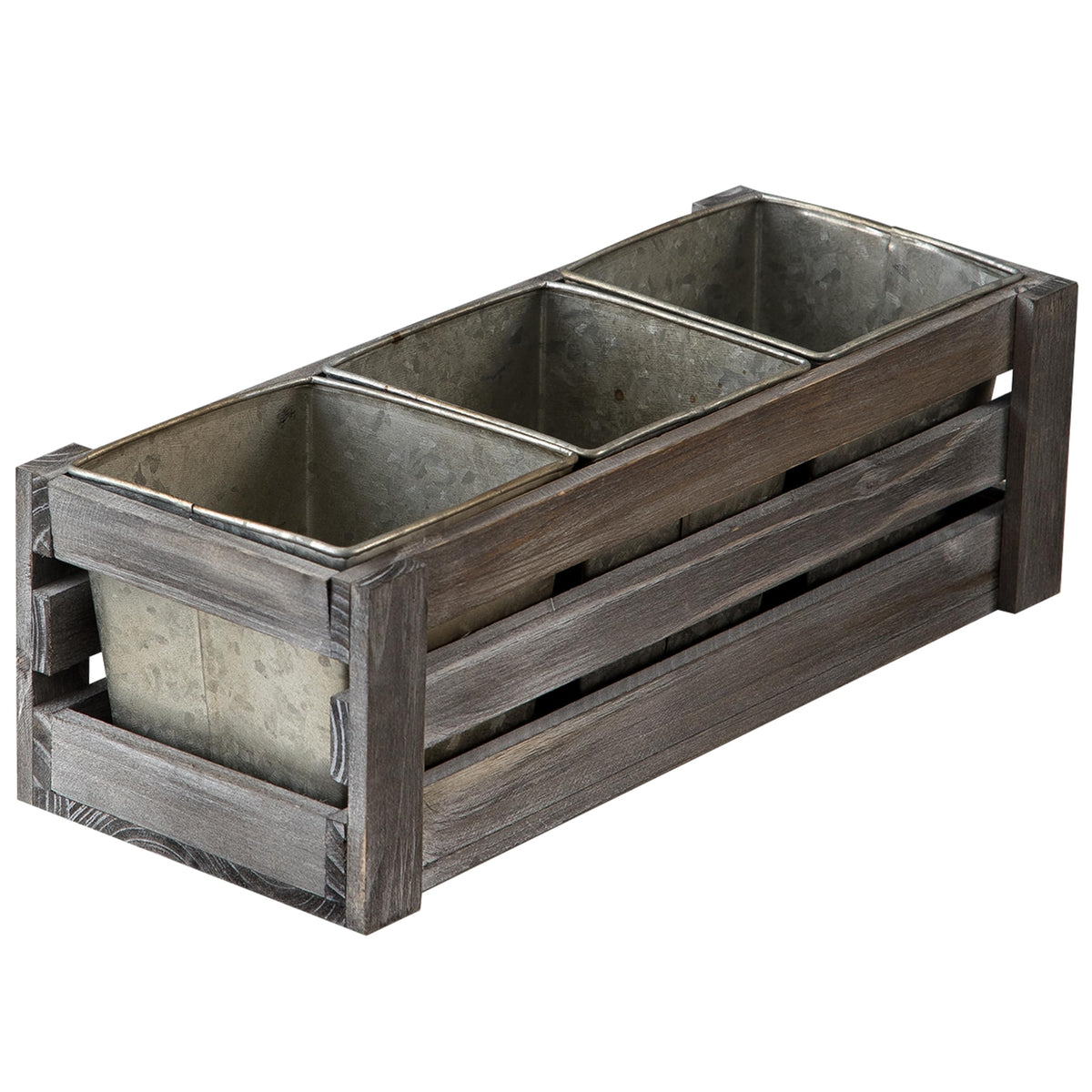 SOFE Rustic Wood Planer Box with 3 Galvanized Planter Pot, Indoor Windowsill Herb Garden Organizer, Plant Containers for Flower Succulent, Distressed Gray Finish