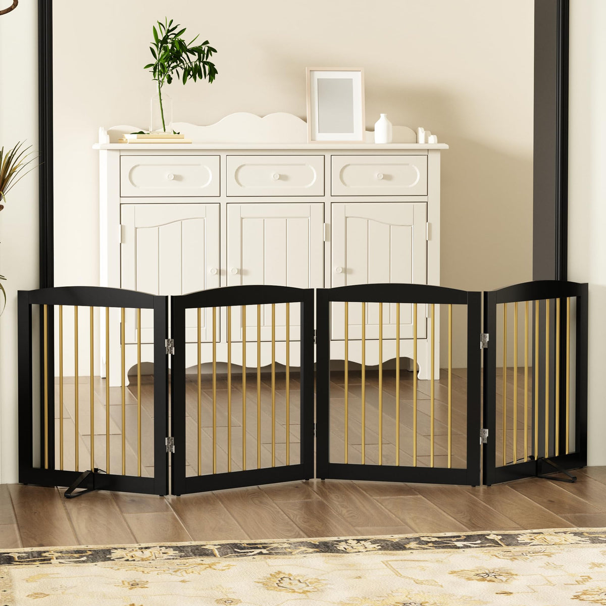 PUPETPO Freestanding Pet Gate for Dogs, Foldable Wooden Dog Gate for House, Indoor Dog Gate for Stairs, Doorways, Step Over Pet Puppy Safety Fence, 80 Inch Wide, 4 Panels 24", Black & Gold