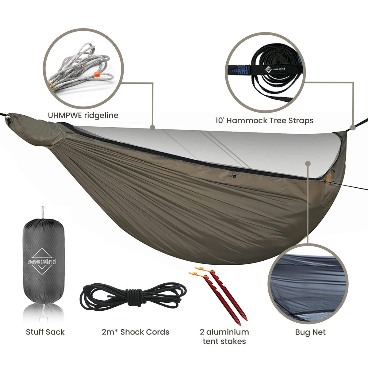 Onewind 12Ft Camping Hammock with Mosquito Net and Structure Ridgeline, Lightweight Portable Double Hammock with 12ft Tree Straps and Bugnet, Ideal for Wild Camping, Hiking, Backpacking, OD Green