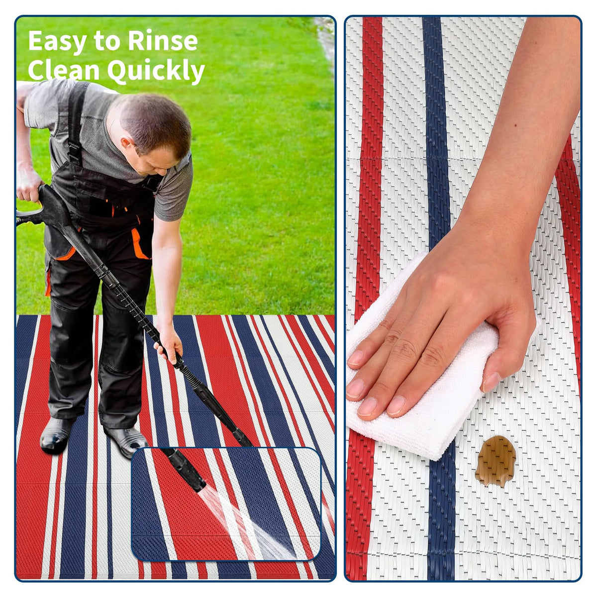 LUXLOOM Outdoor Plastic Straw Rug 9x18 Large Washable Floor Mat Modern Lines Waterproof Rug for Patio Reversible Rugs for Outdoors RV Beach Patio Camping Backyard Deck Picnic Outside Red Navy