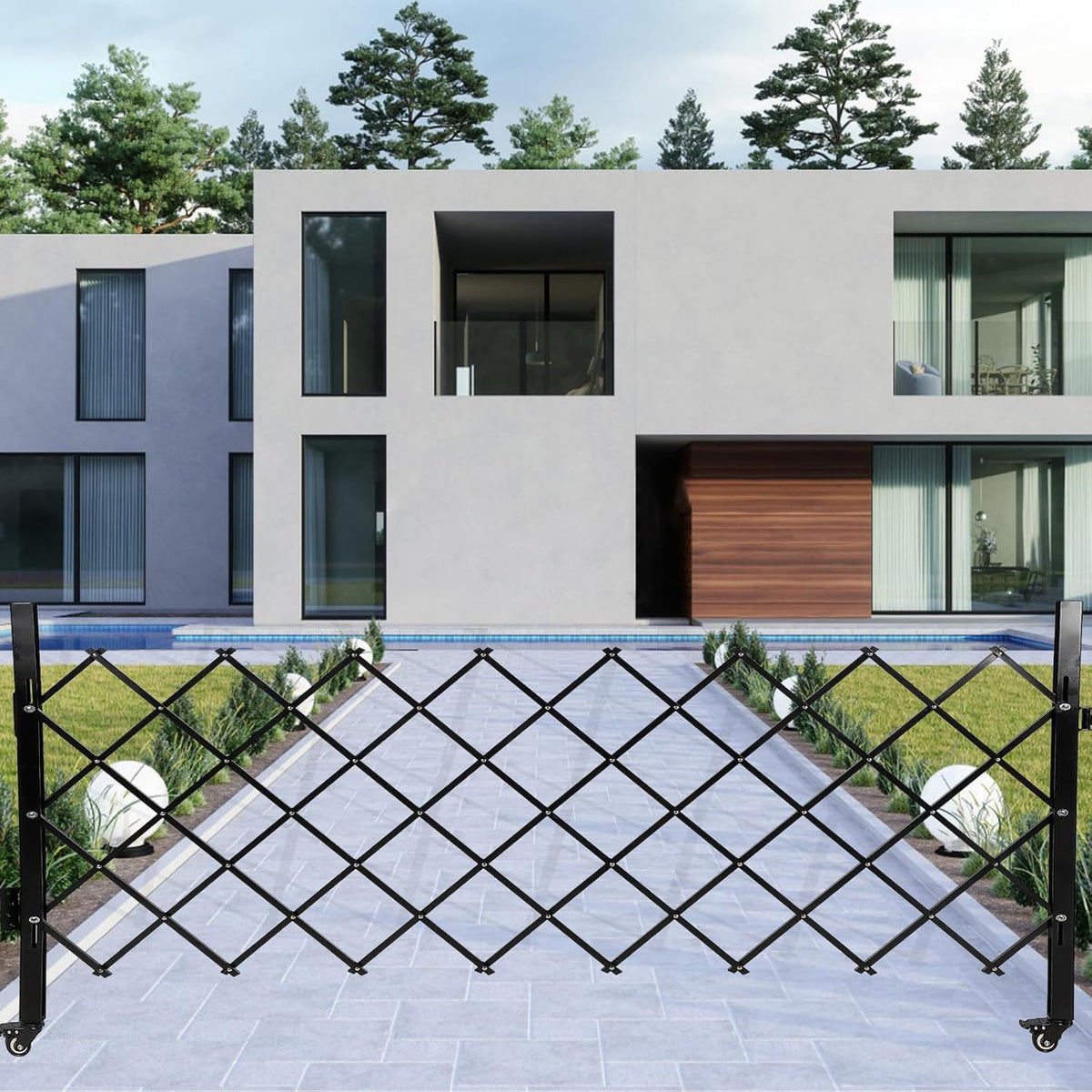 Garvee 85" H x 95" W Single Folding Security Gate, Steel Expandable Fence with 360° Rolling Wheels for Courtyard, Garage, and Garden Access Control